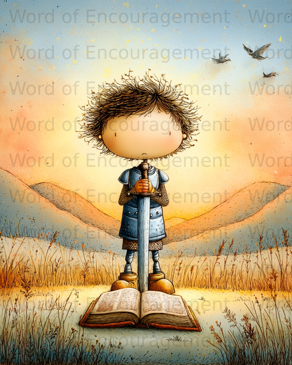 Child knight stands with sword on open book, sunset background.