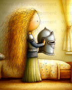 Girl in armor holding a knight's helmet in a bedroom.