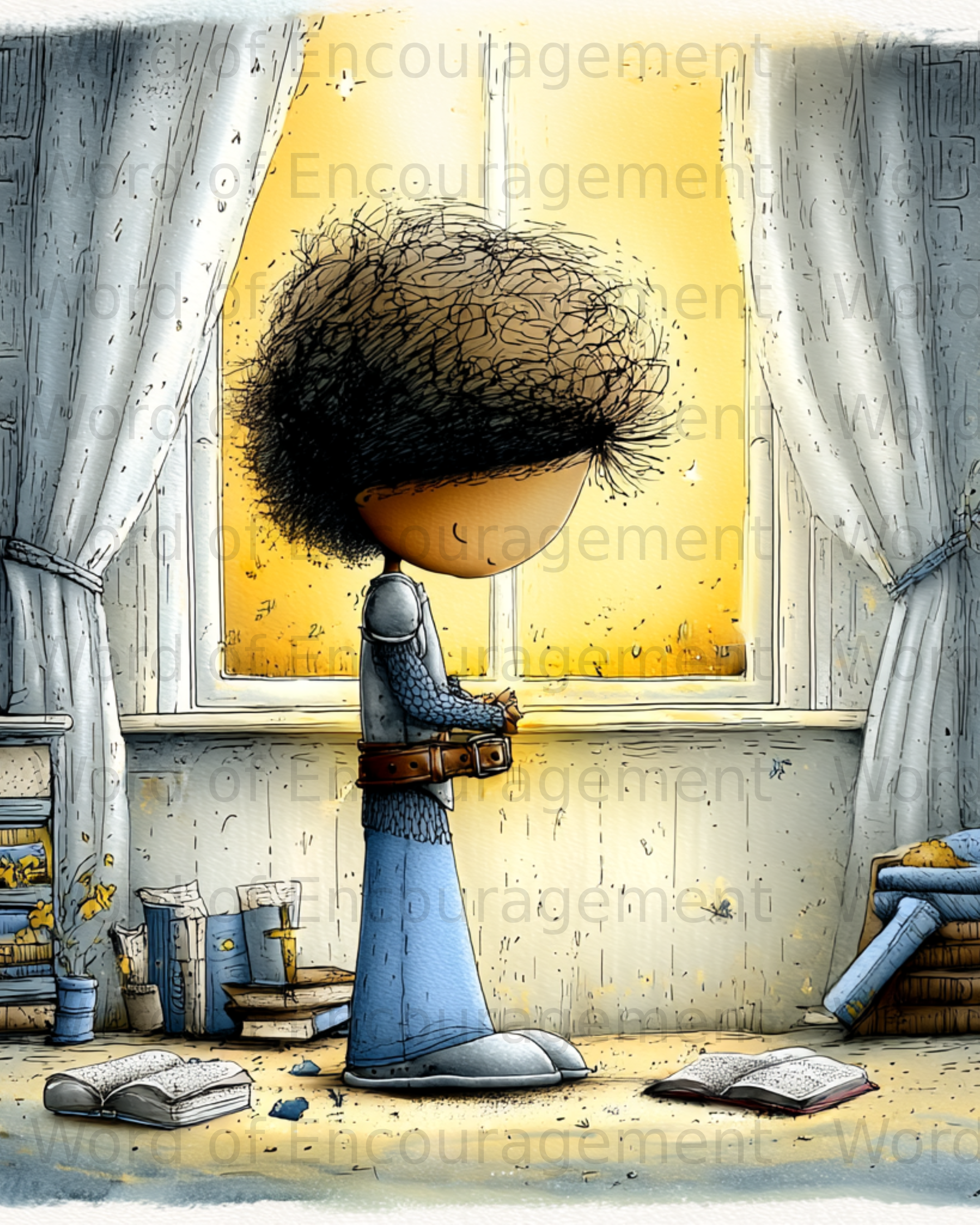 Boy in armor praying at a sunlit window with books around him.