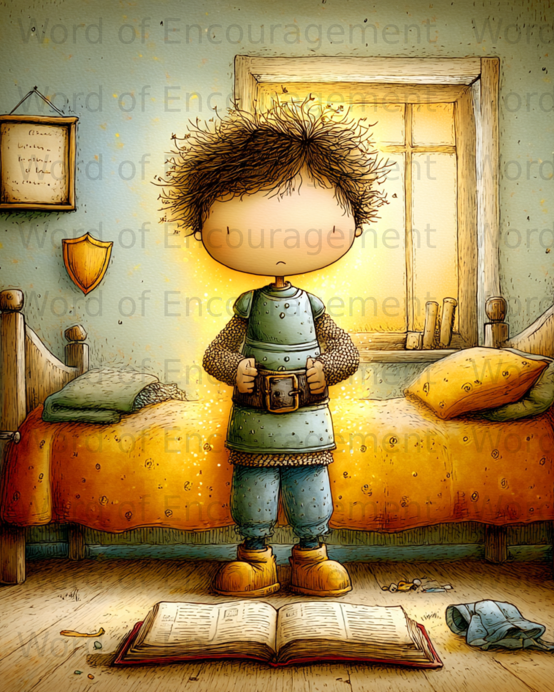 Child in knight costume stands in bedroom before open book. Main image