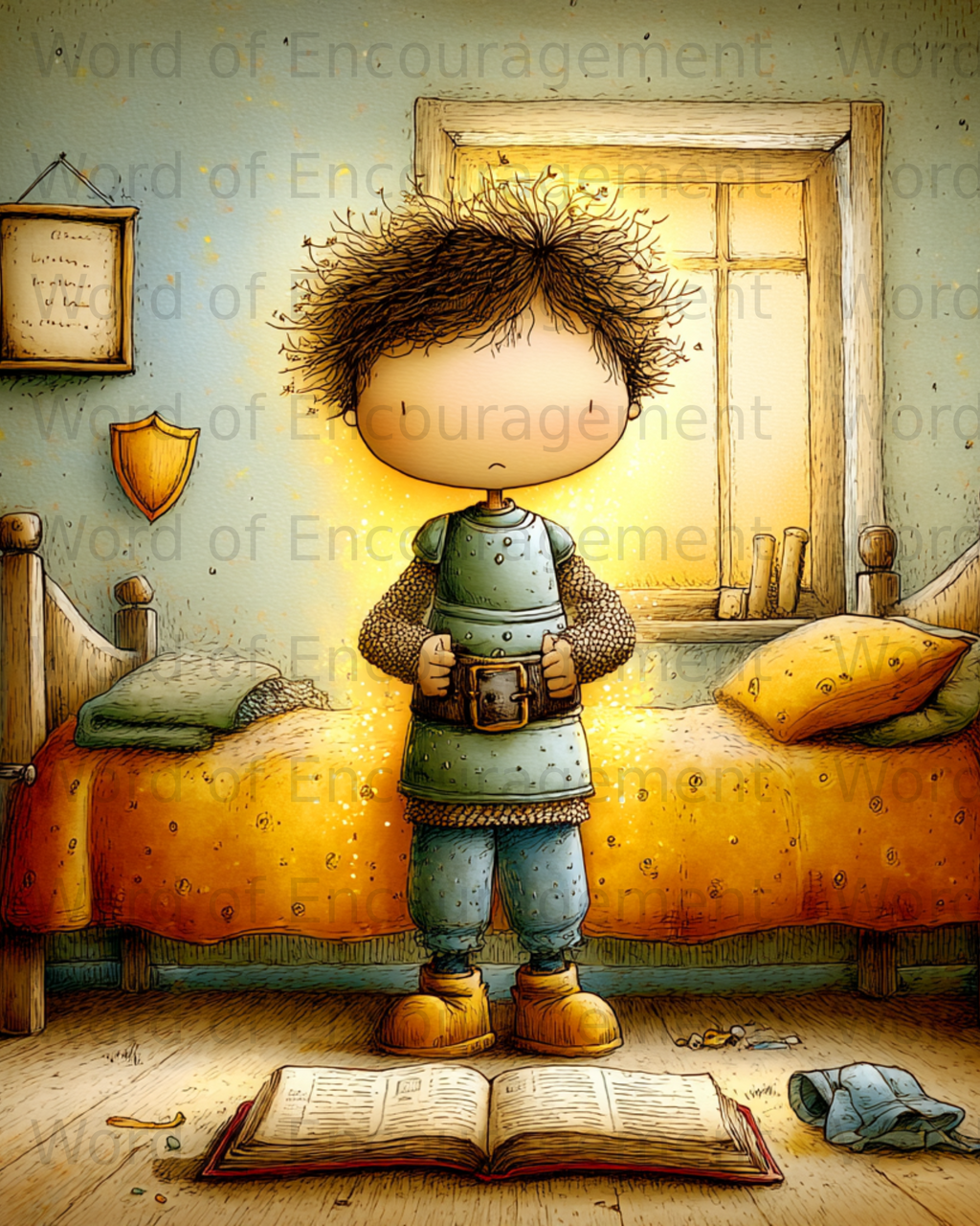 Child in knight costume stands in bedroom before open book.