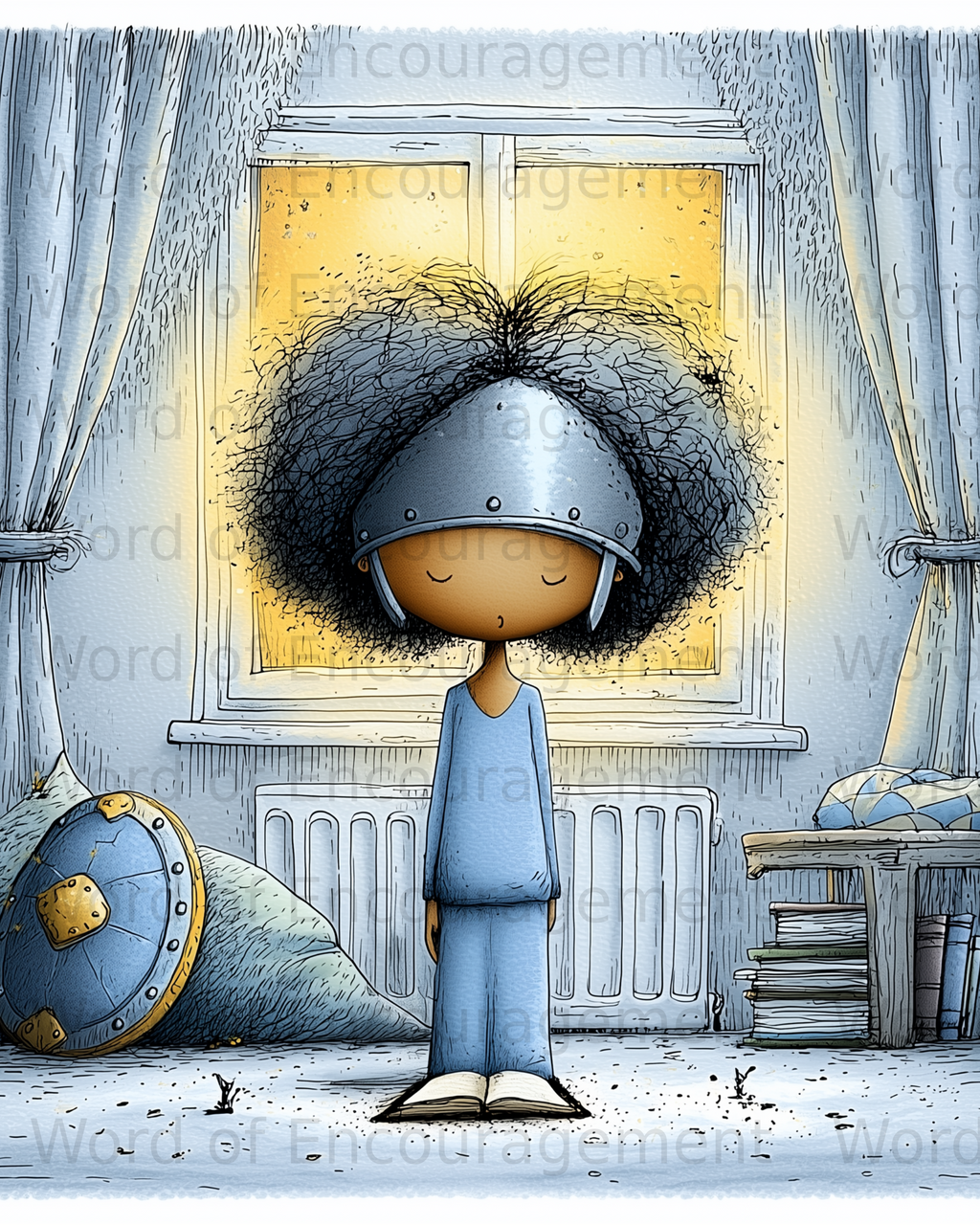 Child in a knight's helmet stands with a shield by a window.