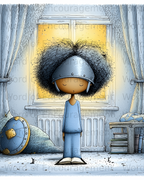 Child in a knight's helmet stands with a shield by a window.