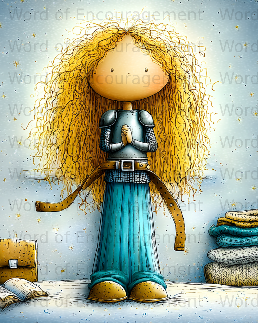 Knight girl with curly blonde hair, blue dress, armor, and clasped hands.