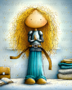 Knight girl with curly blonde hair, blue dress, armor, and clasped hands.