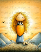 Girl with blonde curly hair, shield, sword, and open book, surrounded by text.