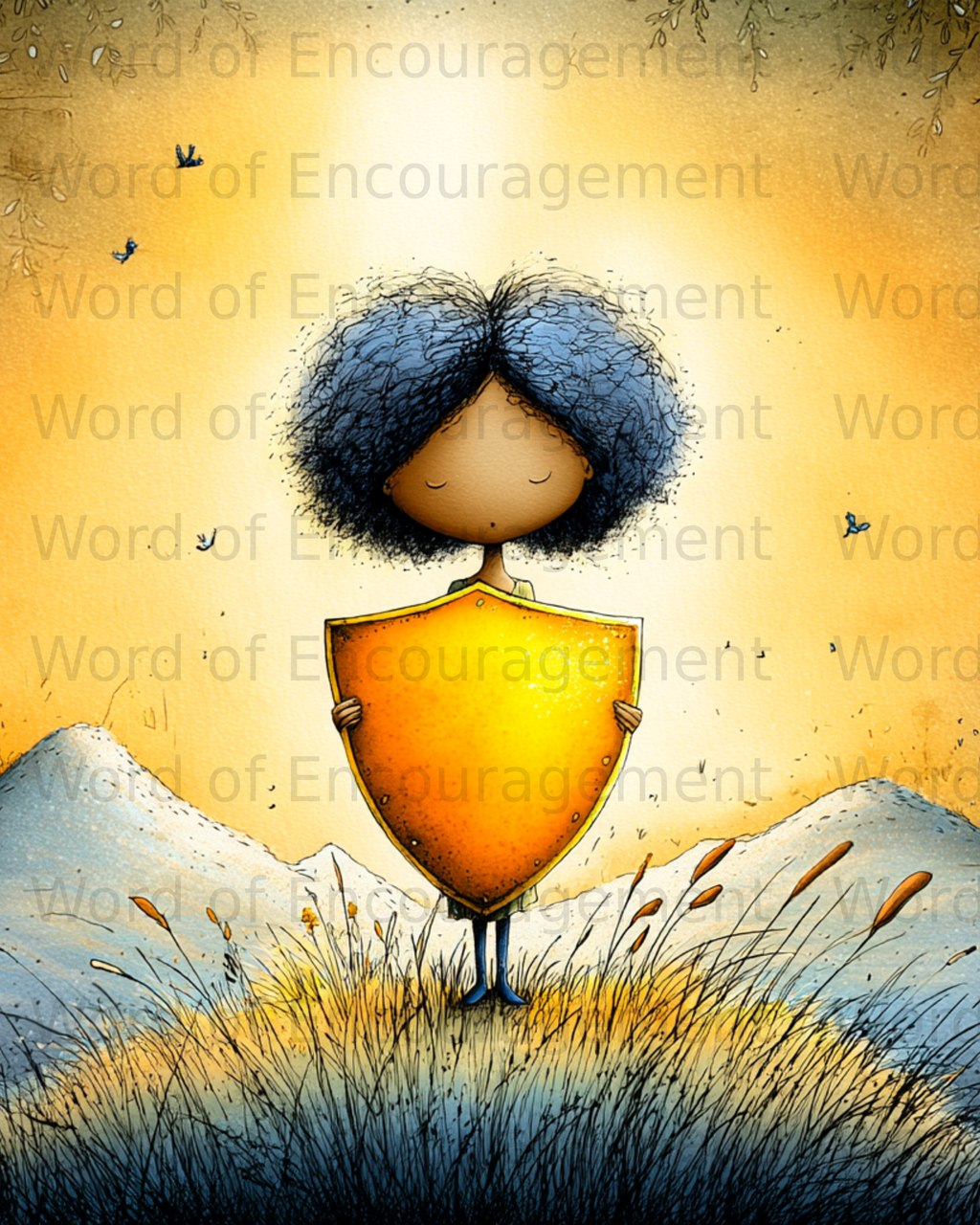 Child with curly hair holds a golden shield in a grassy field, "Word of Encouragement" text.