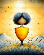 Child with curly hair holds a golden shield in a grassy field, "Word of Encouragement" text.