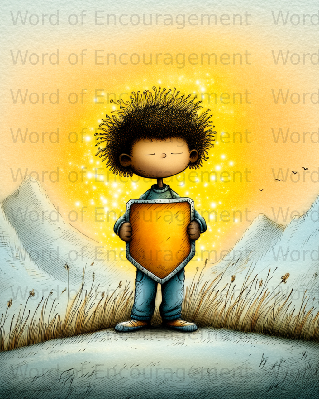 Boy holding a shield with "Word of Encouragement" text.