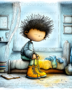 Child tying bright yellow boots in a bedroom.