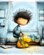 Child tying bright yellow boots in a bedroom.
