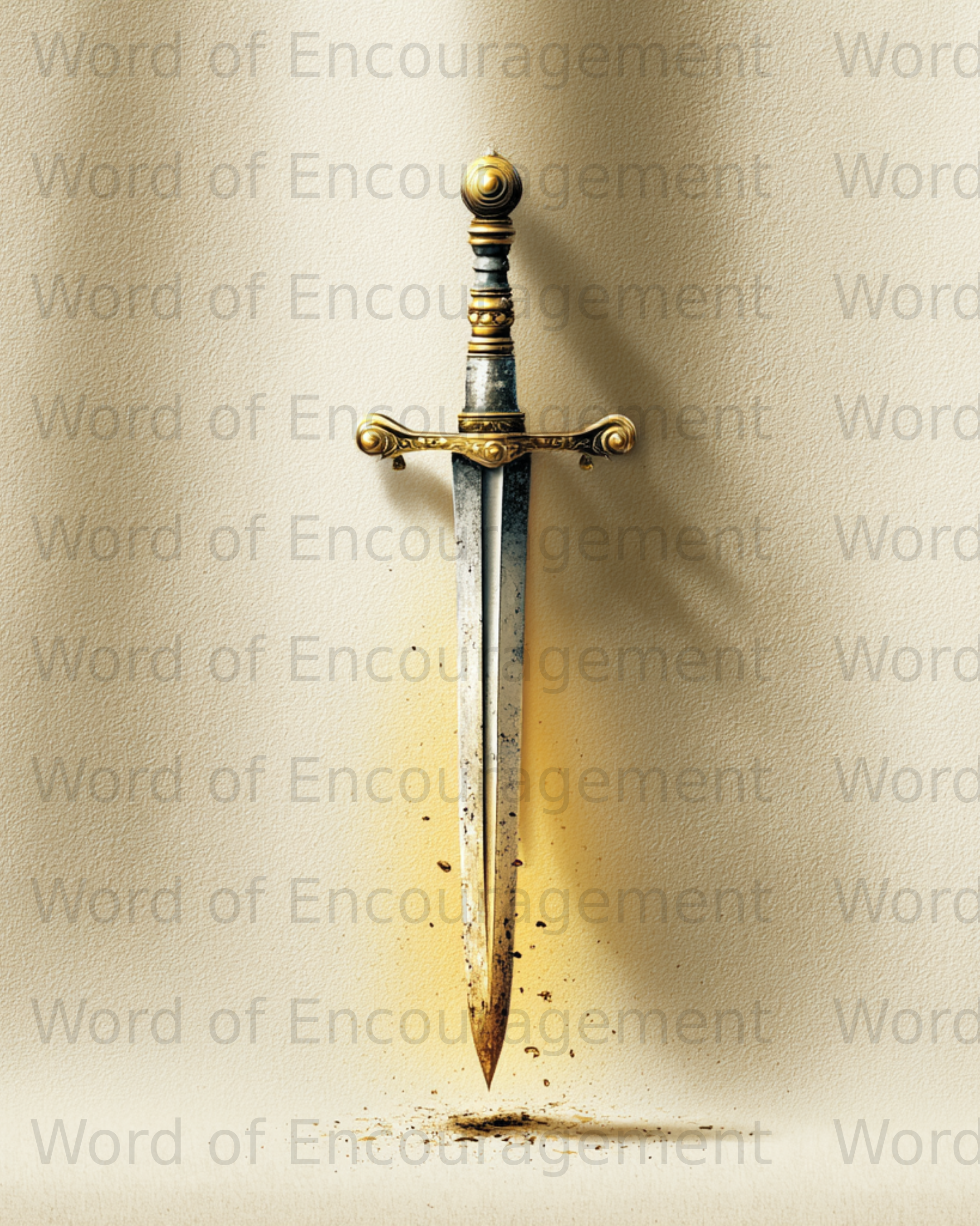 Ornate sword with golden hilt, glowing blade, casting shadows.