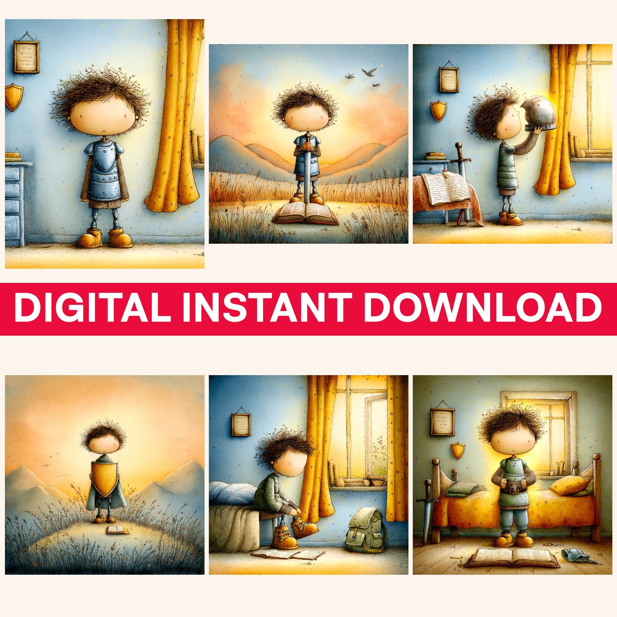 Six square watercolor illustrations of a young knight, digital instant download. Main image