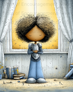 Knight in armor stands praying before a window with stacks of books.
