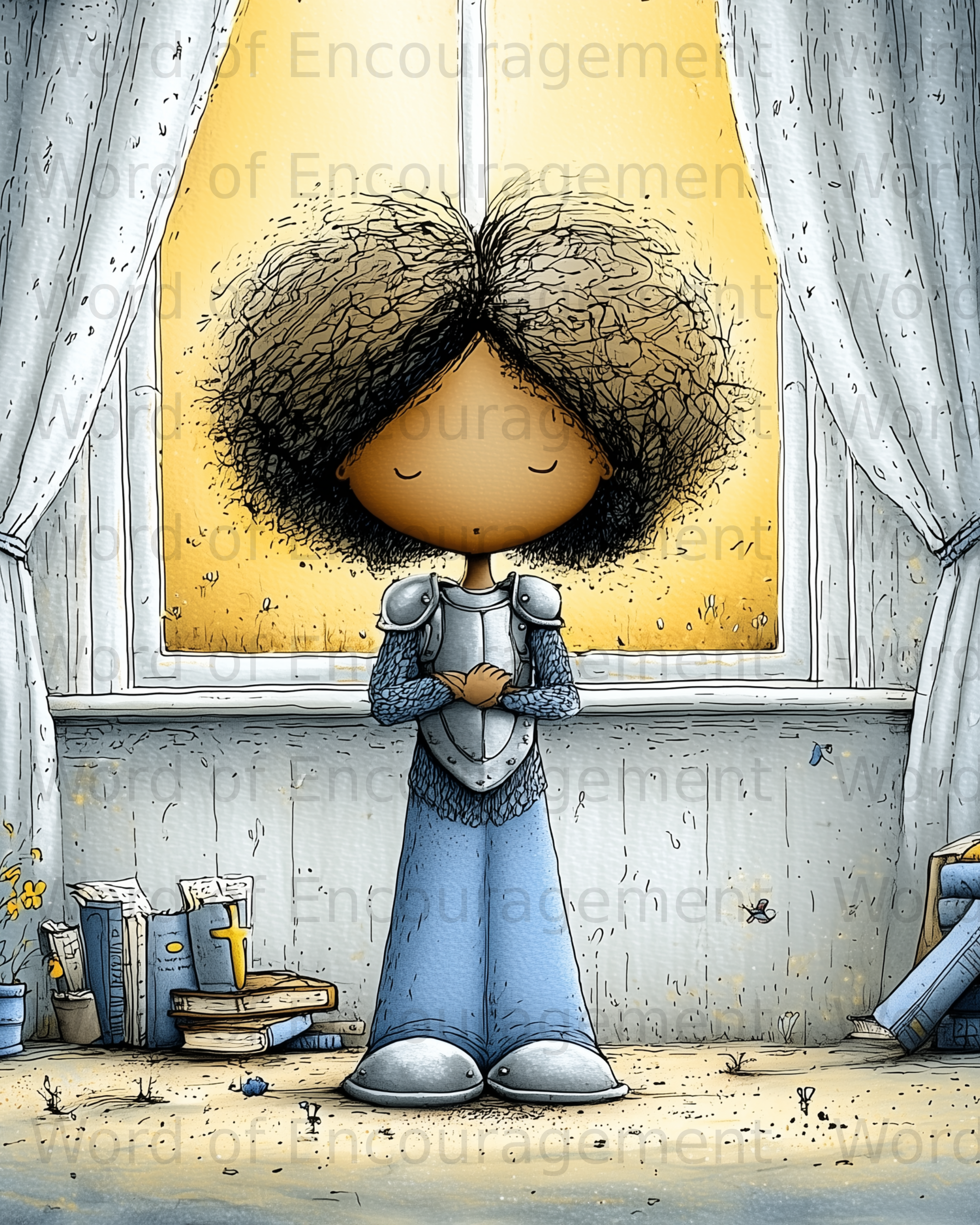Knight in armor stands praying before a window with stacks of books.