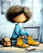 Child in blue pajamas tying bright yellow boots by a window.