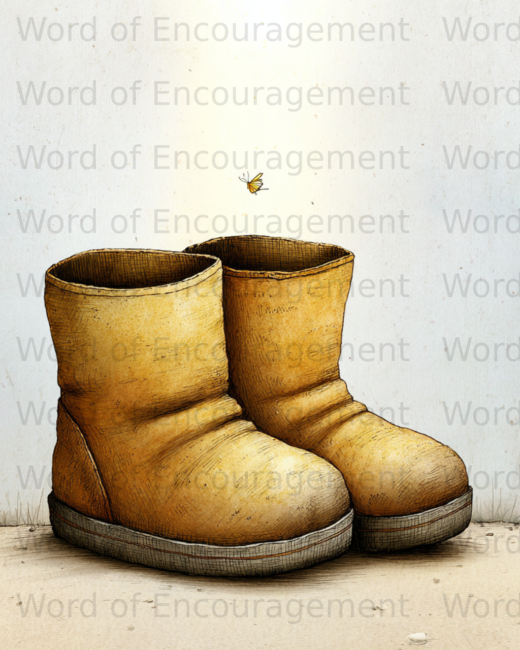 Pair of yellow Wellington boots with a small bee flying above.