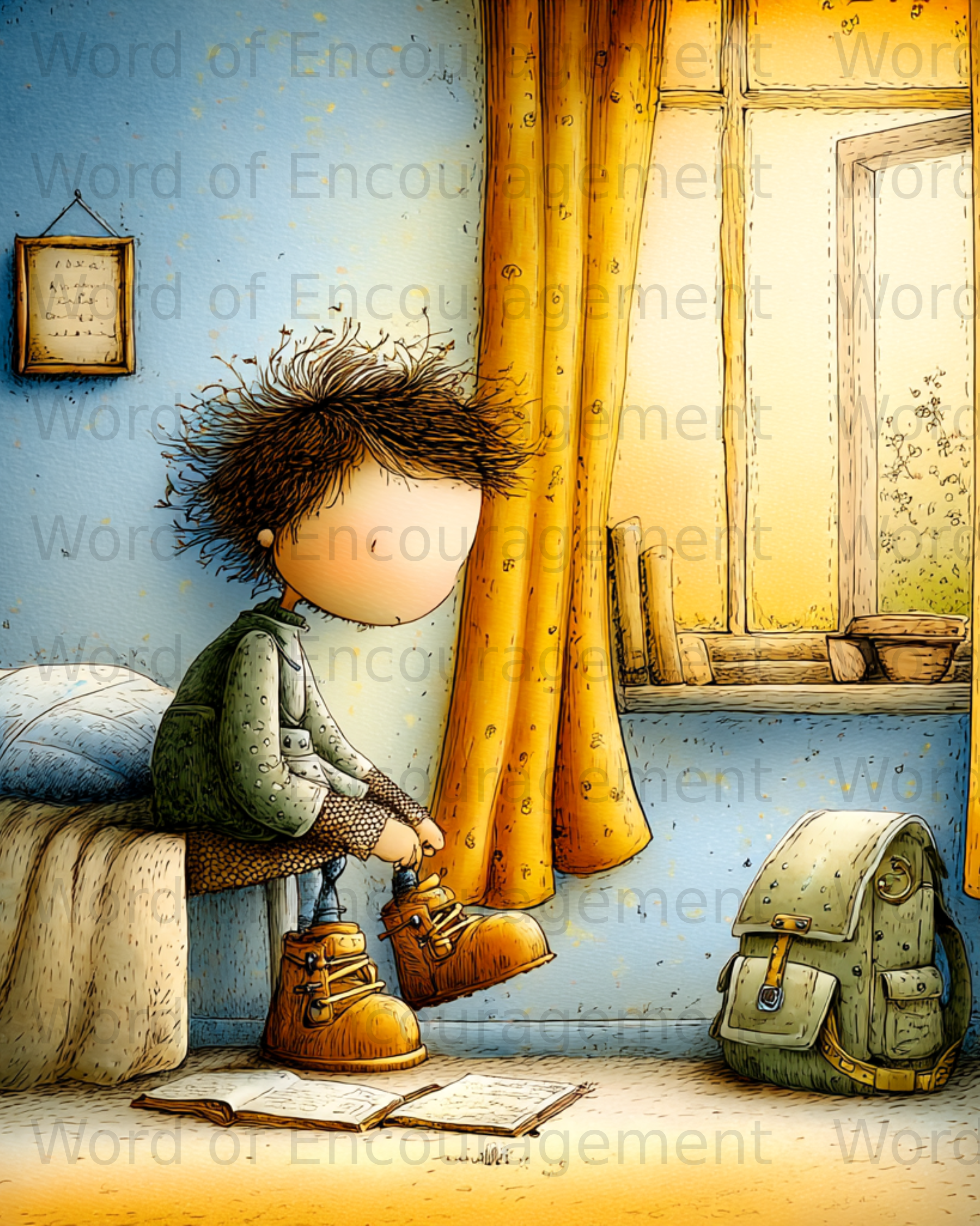 Child in oversized boots sits on a bed by a window, backpack nearby.