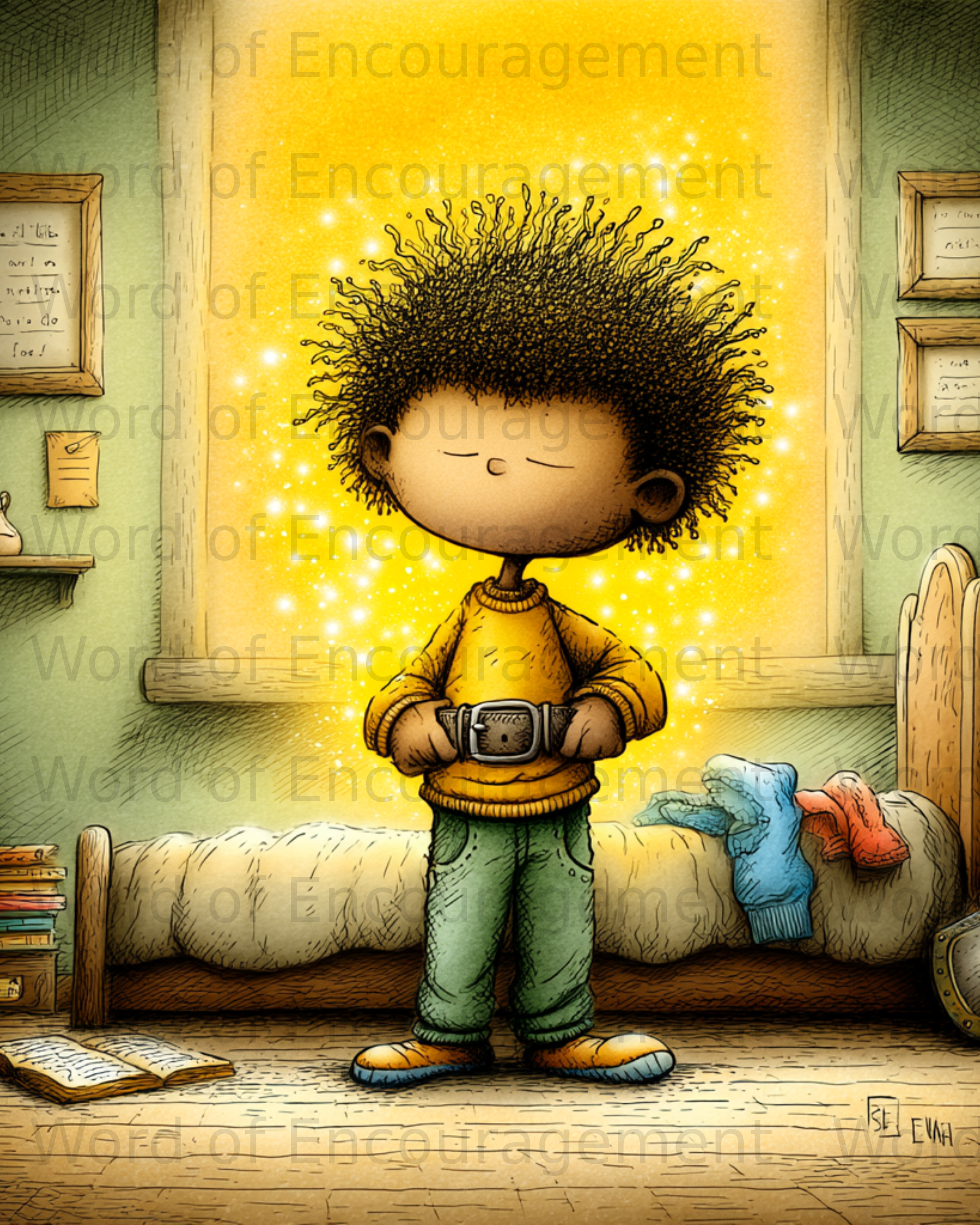 Illustration of a young boy with curly hair standing in a bedroom.