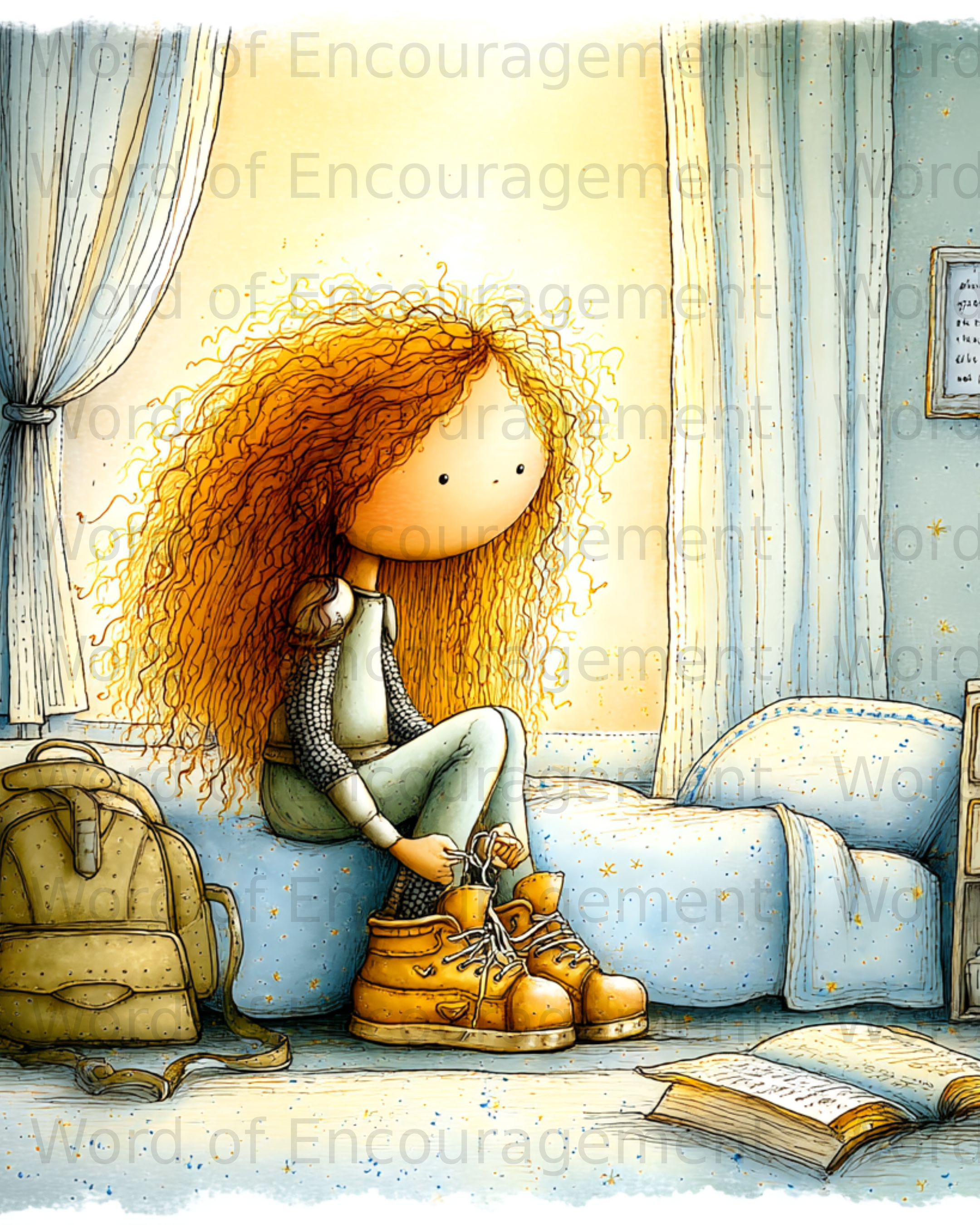 Child with curly hair ties yellow boots next to backpack and open book.