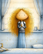 Girl in armor with curly blonde hair, standing by a window.