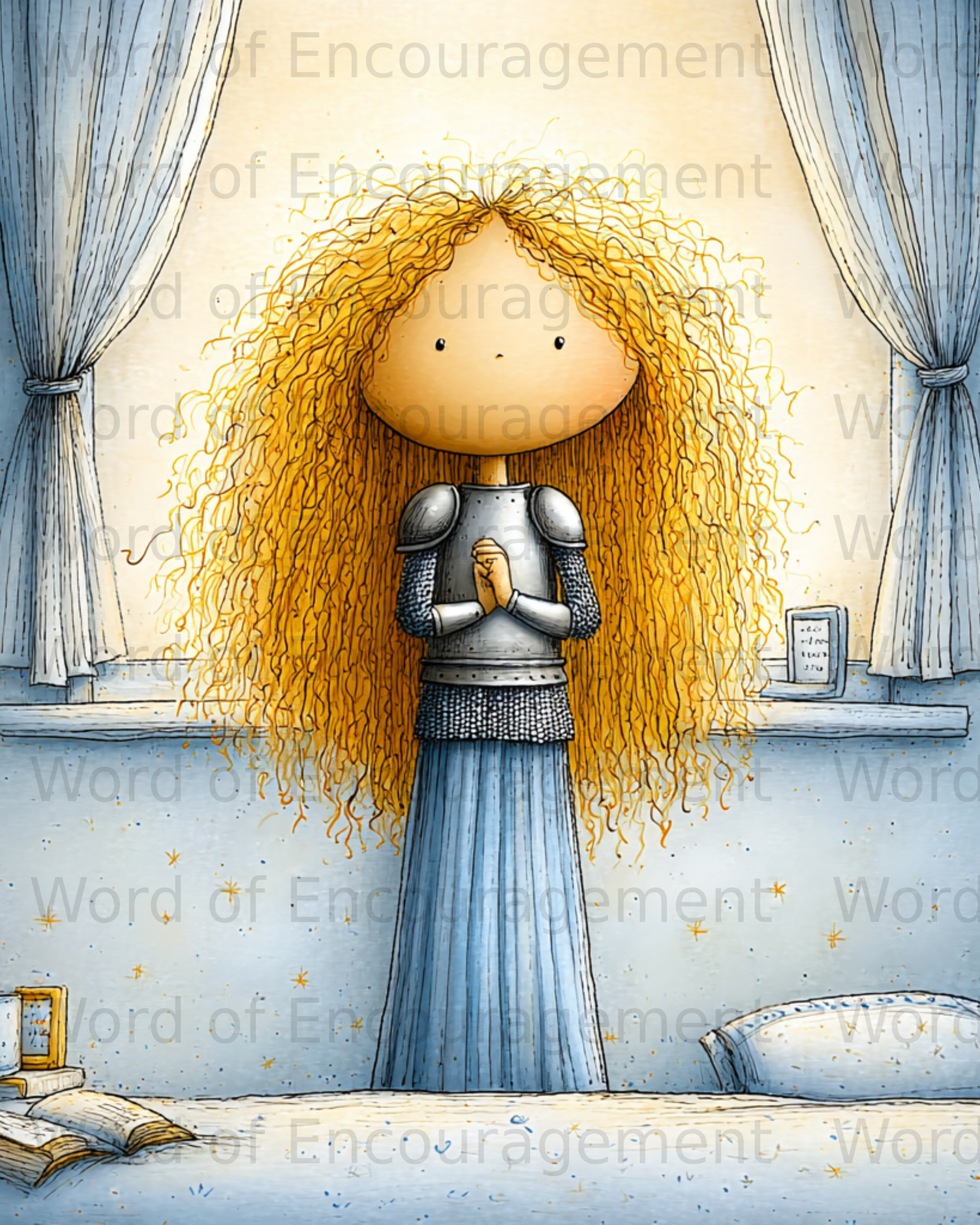Girl in armor with curly blonde hair, standing by a window.
