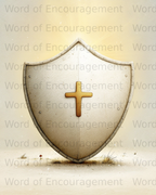 Shield with gold cross and "Word of Encouragement" text.