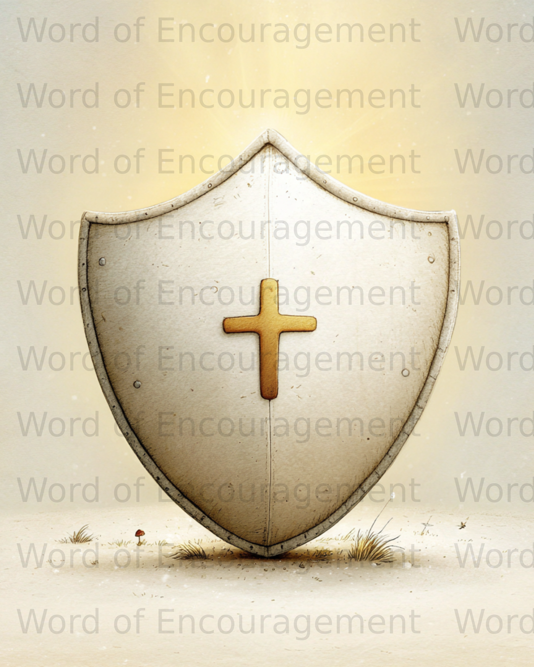 Shield with gold cross and "Word of Encouragement" text.