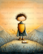 Child with shield and cape stands in field before open book.
