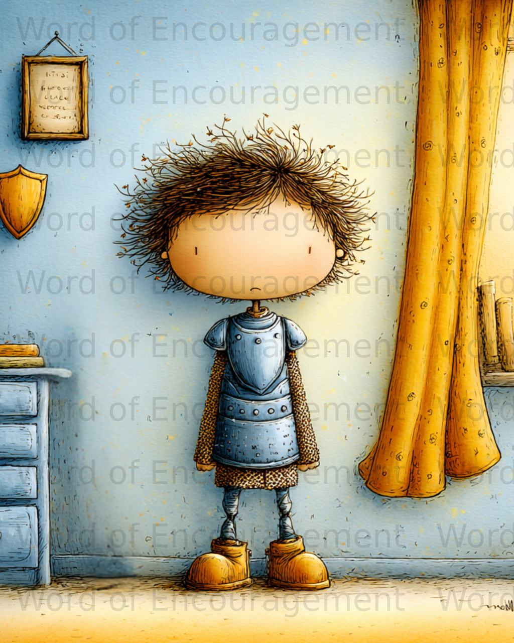 Child in knight's armor stands before a dresser with a shield.