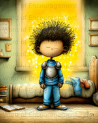 Young boy in armor stands in a bedroom, glowing.
