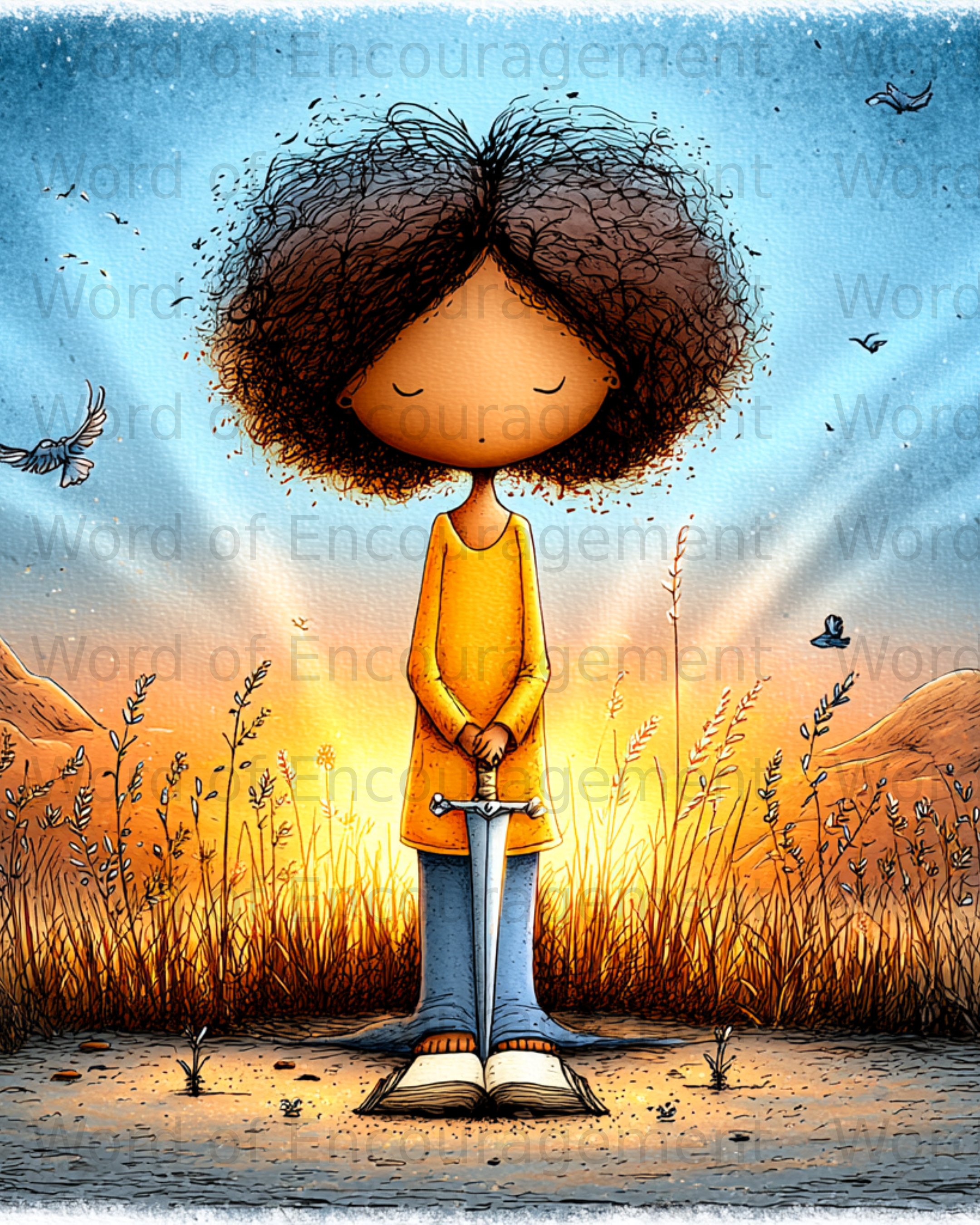 Child holding sword over open book in field of wheat, with "Word of Encouragement" text. Main image