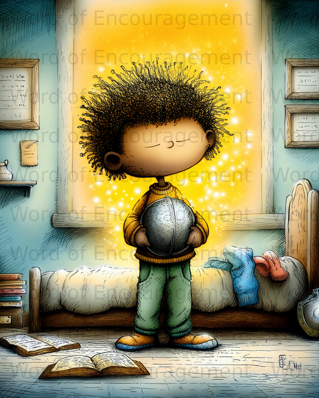 Boy holding a metallic helmet in a bedroom, with books and a bed.