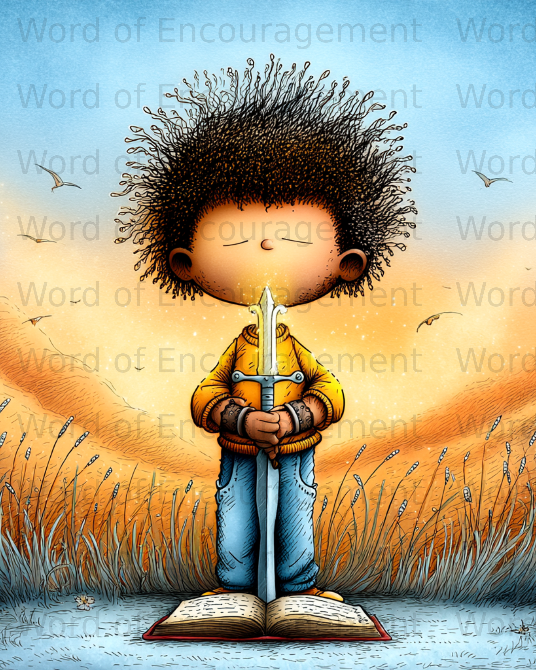 Child in yellow sweater holds sword over open book in field.