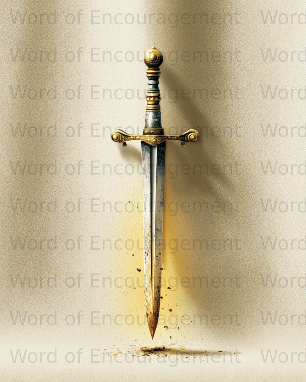 Ornate golden sword with light glowing from its tip against a textured background.